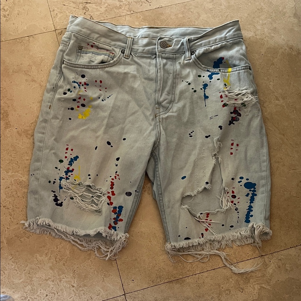 Divided Paint-Splatter Jean Shorts